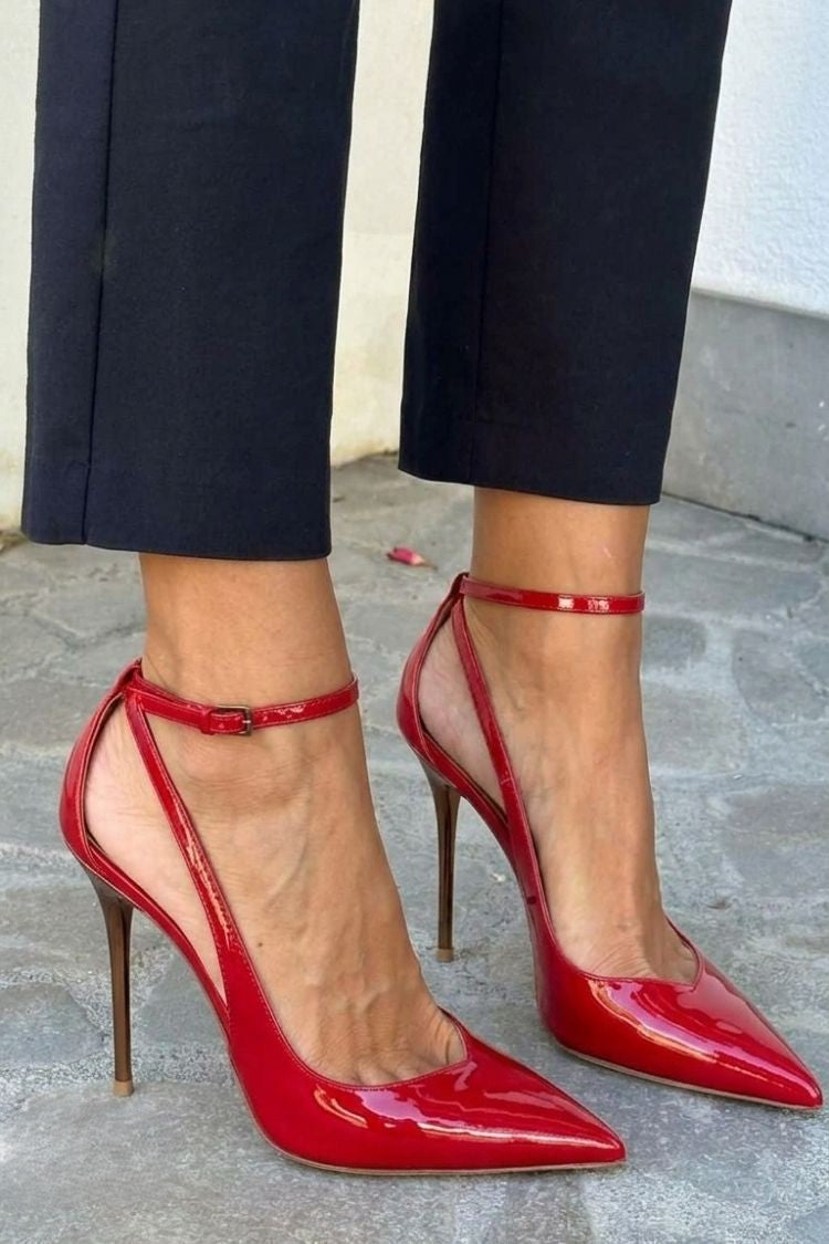 Black Patent Stiletto Heels with Ankle Strap
