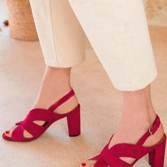 Metallic Crossover Slingback Sandals with Block Heel