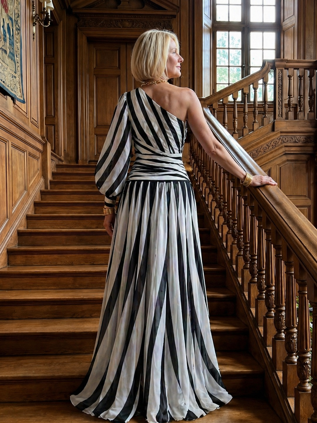 Elegant Striped Maxi Dress with One Shoulder
