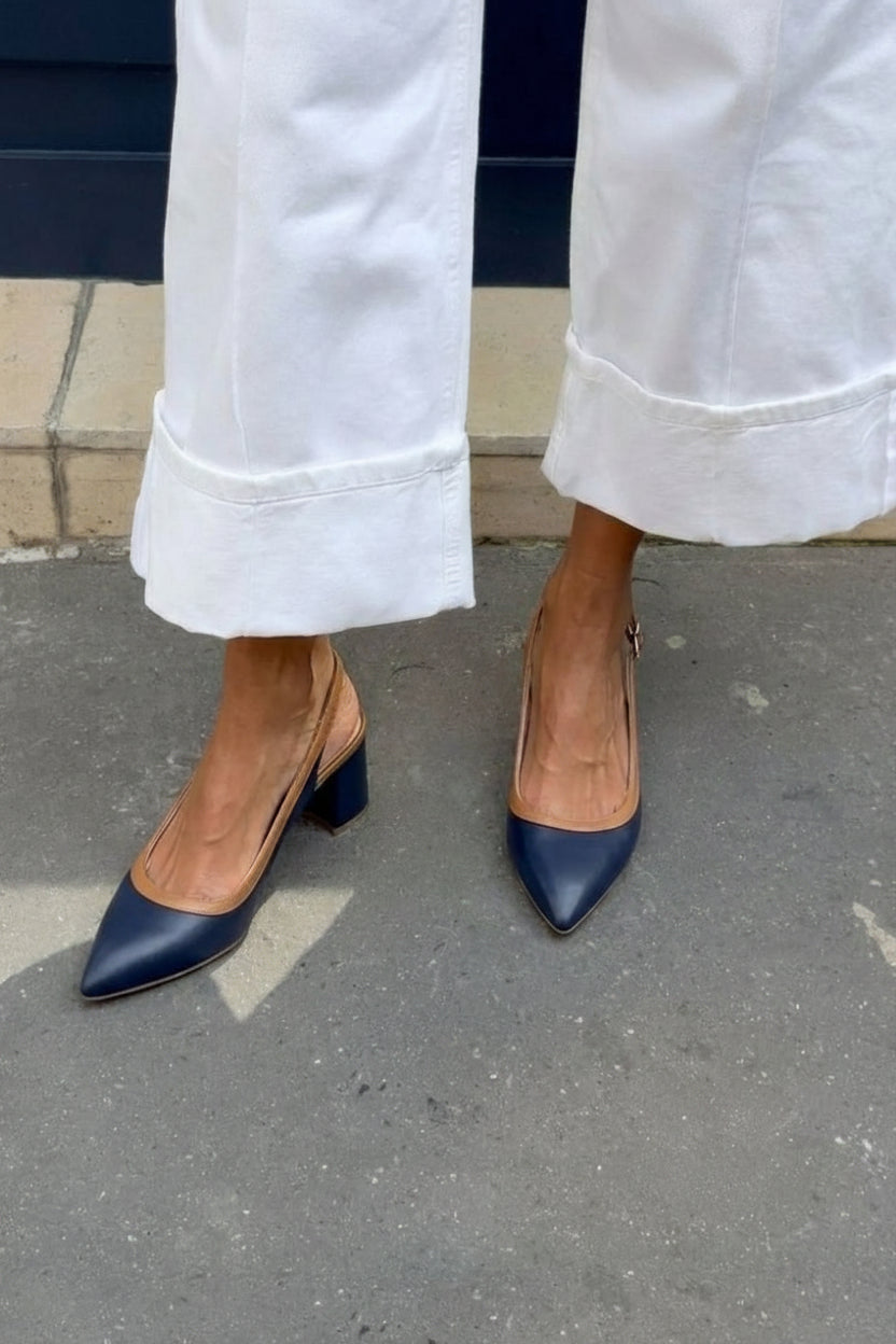 Two-tone Navy Blue Block Heel Slingbacks with Pointed Toe