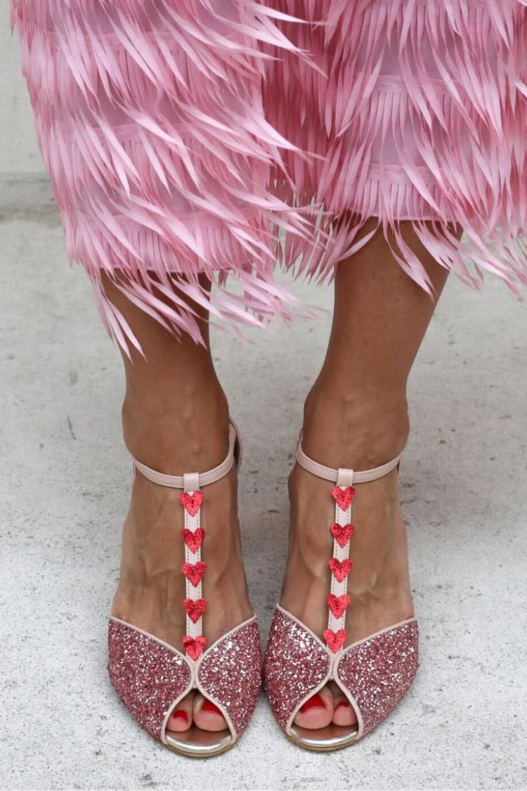 Pink and Red Glitter Sandals with T-Strap, Heart and Block Heel