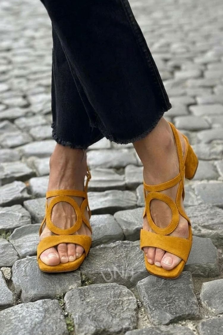 Cut-out Yellow Slingback Heeled Sandals with Square Toe