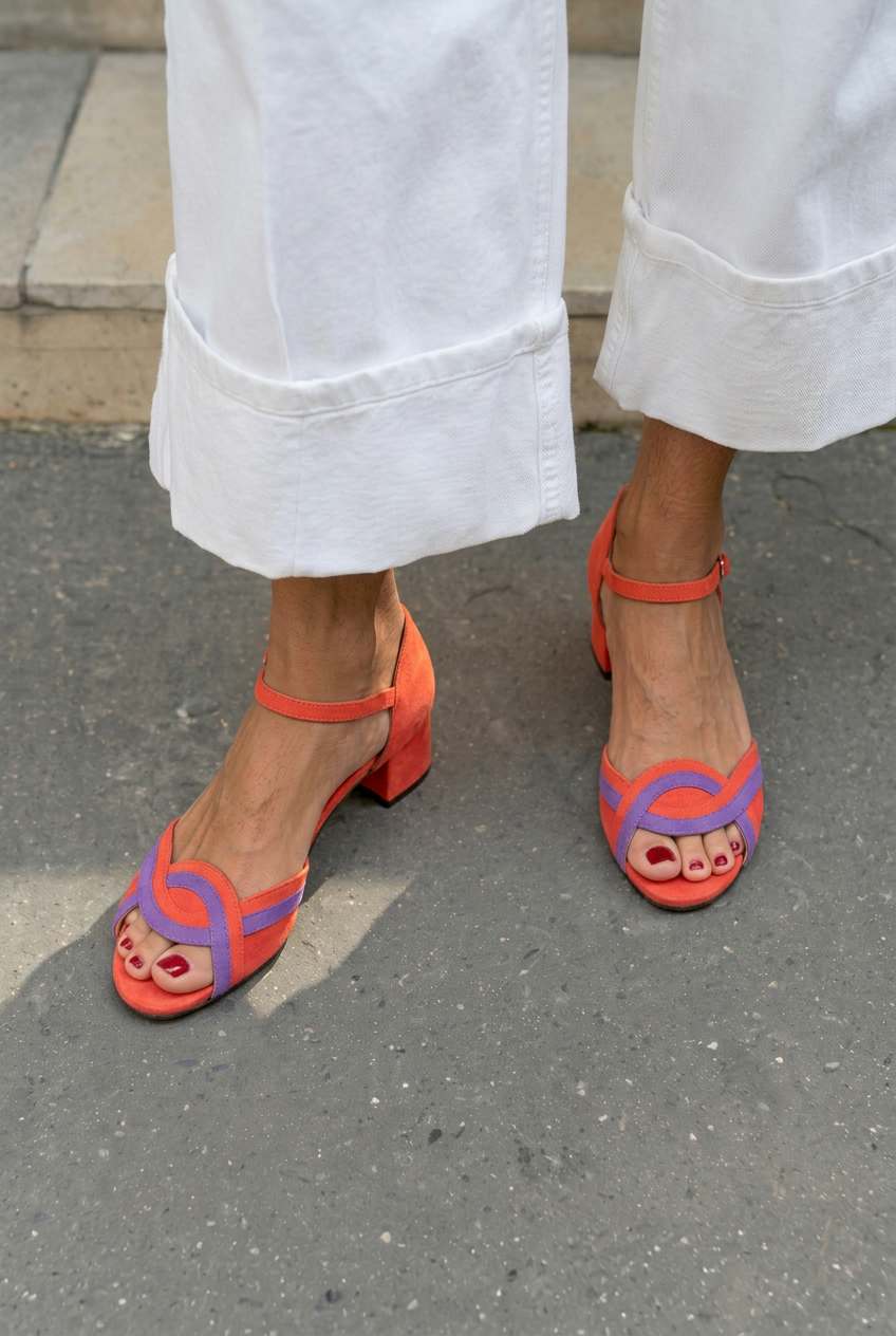 Suede peep toe sandals with ankle strap and block heel