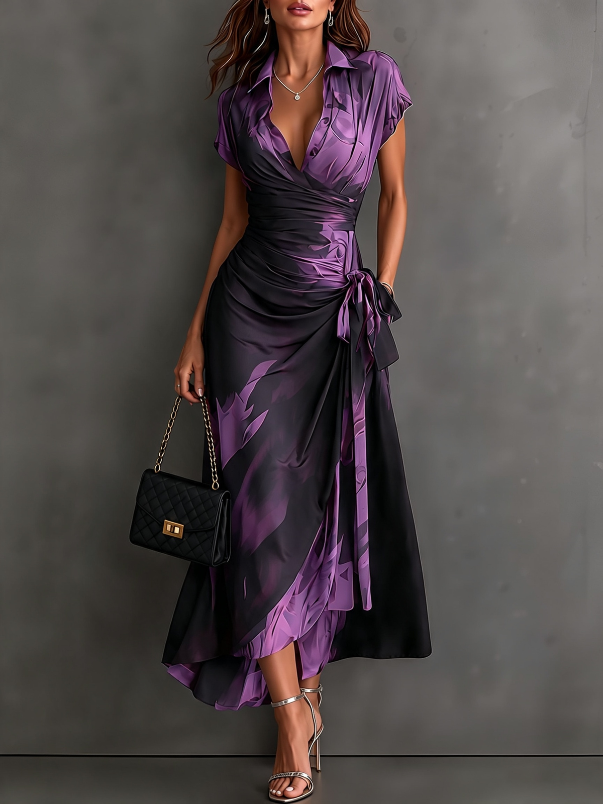 Red Black Abstract Print Wrap Midi Dress with Collared V Neck, Short Sleeves, Tie Waist, and Ruffled High-Low Hem