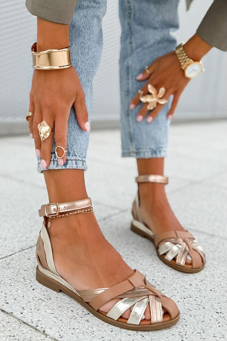 Champagne Colour Block Cut-Out Sandals with Ankle Strap and Buckle