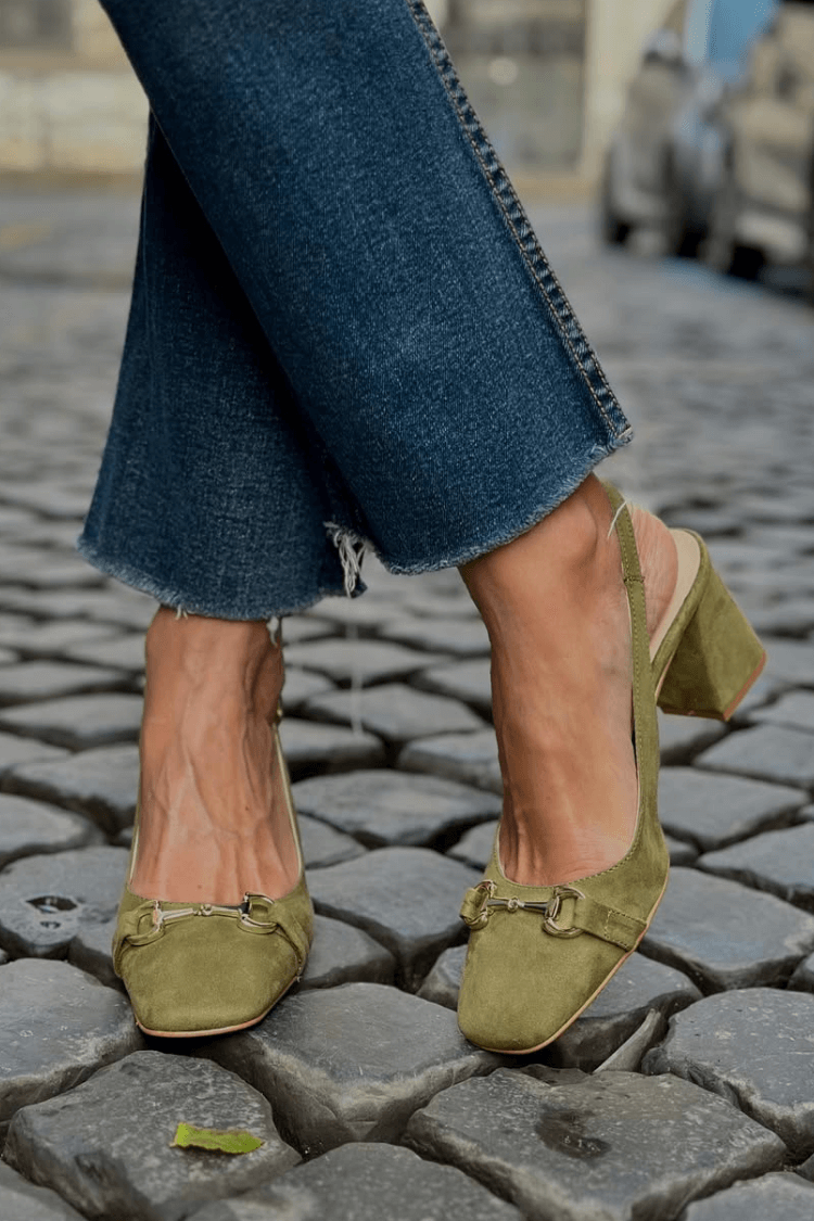 Olive Suede Block Heel Slingbacks