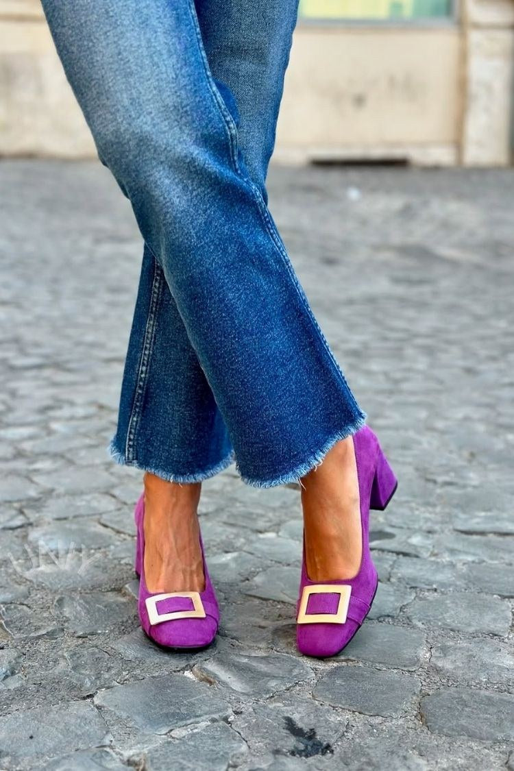 Wide Patchwork Heels Navy Blue with Square Toe