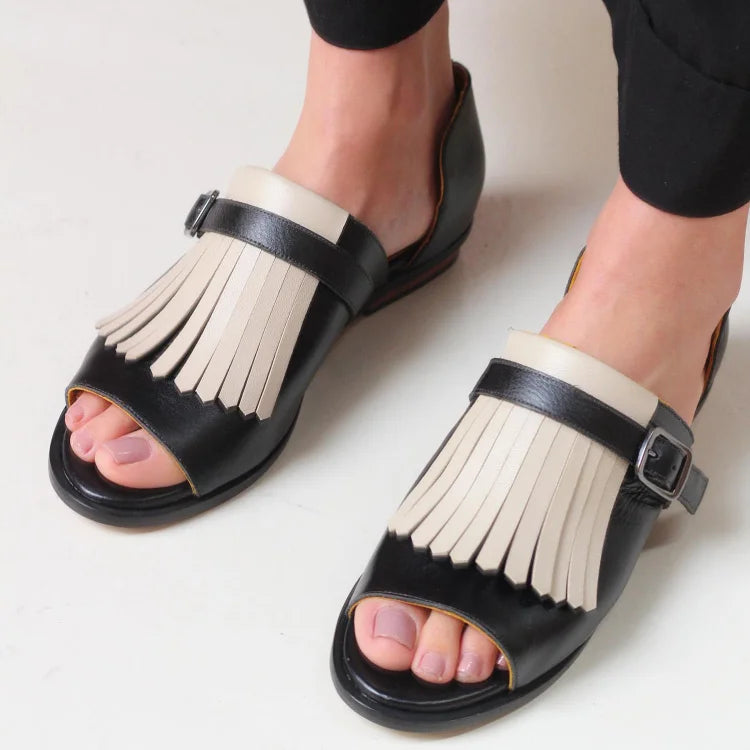 Open Toe Contrast Slip-On Sandals with Fringing