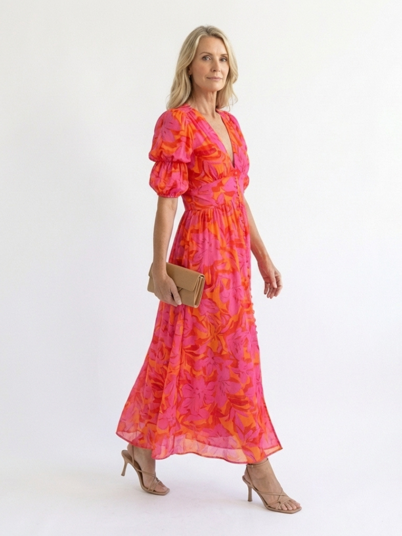 Stella & Grace | Floral V Neck Puff Sleeve Midi Dress