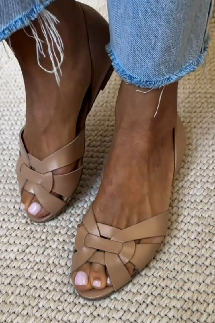 Woven Peep Toe Ballet Flats with Crossed Straps and a Closed Heel