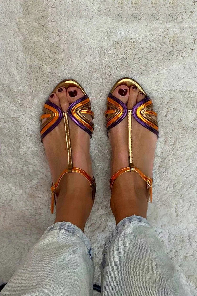 Multicoloured and Gold Peep Toe Sandals with Buckle and T-Strap