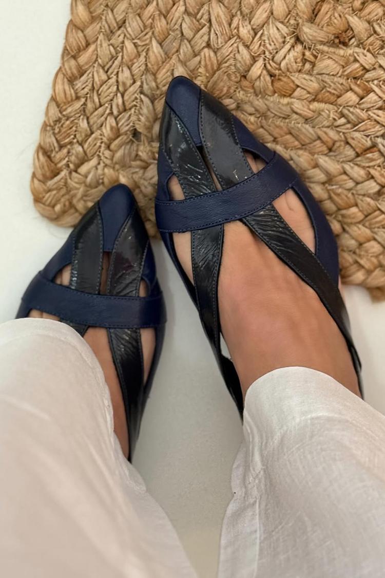 Cut-out Patchwork Navy Blue Slingback Ballet Flats