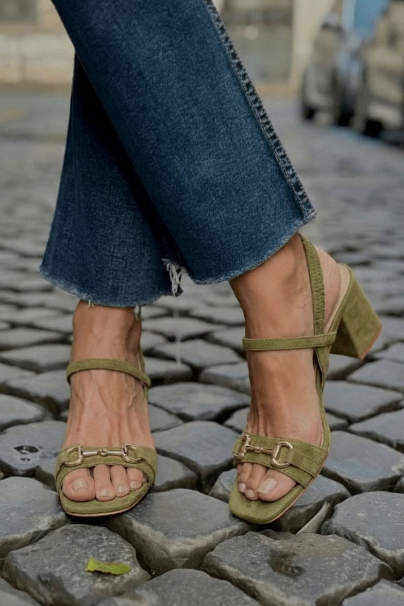 Olive Green Suede Slingback Sandals with Block Heel