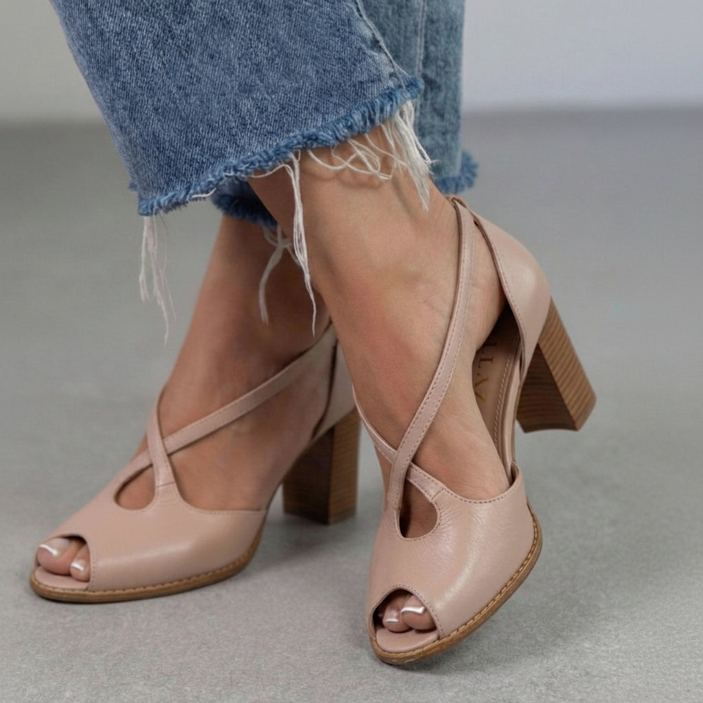 Elegant Powder Pink and Pink Open-Toe Sandals with Crossed Straps and Block Heel