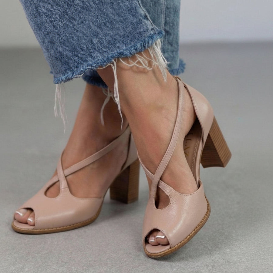 Elegant Powder Pink and Pink Open-Toe Sandals with Crossed Straps and Block Heel