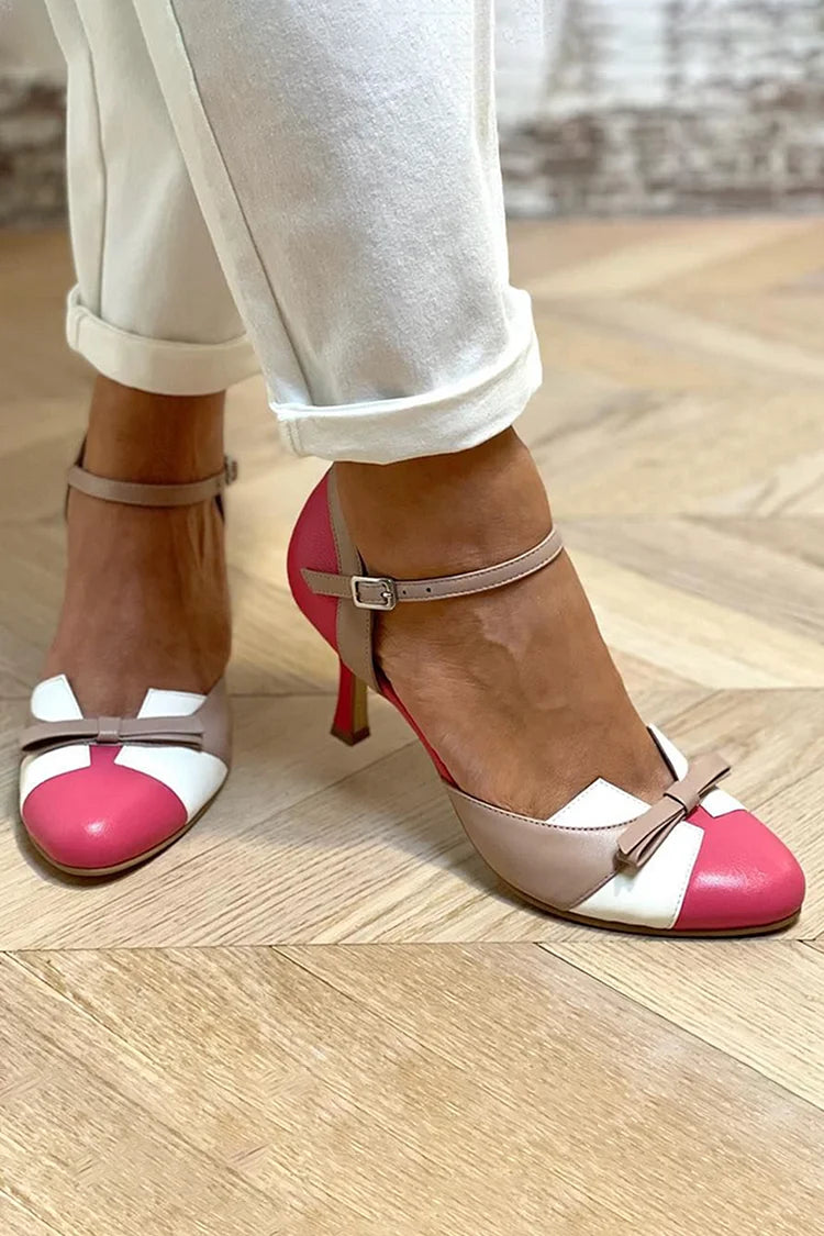 Fuchsia Colour Block Patchwork Stiletto Heels with Round Toe and Bow