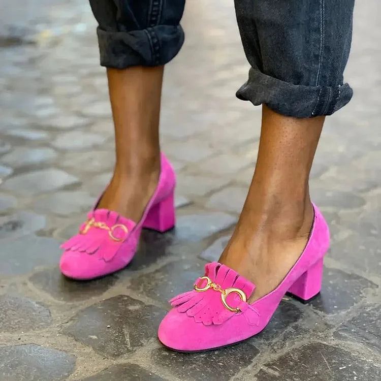 Pumps with Fringed Detail and Gold Buckle