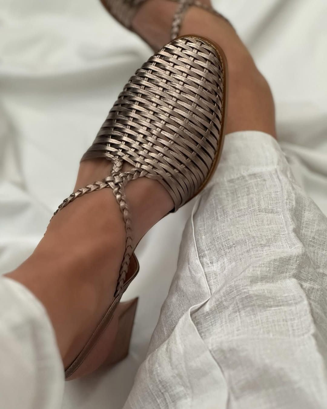 Champagne Metallic Interlaced Block Heels with Pointed Toes and Straps
