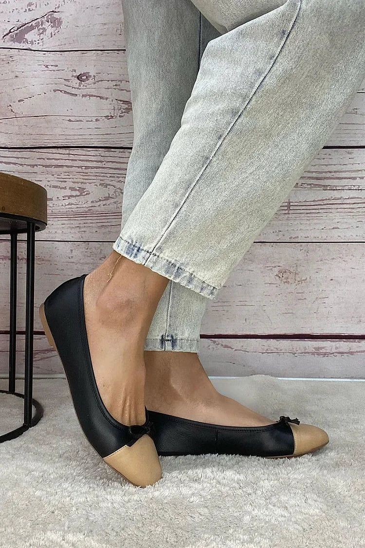 Black Colour Block Ballerinas with Round Toe and Bow