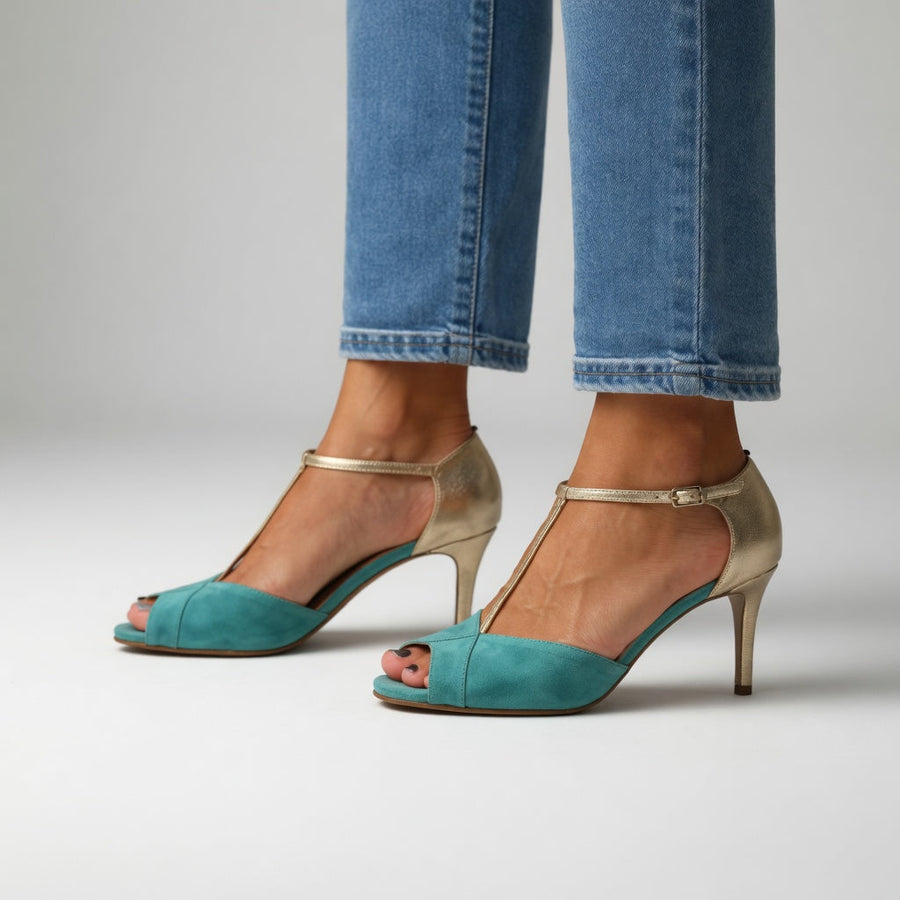 Roksana — Two-tone turquoise and gold stiletto sandals with vibrant elegance