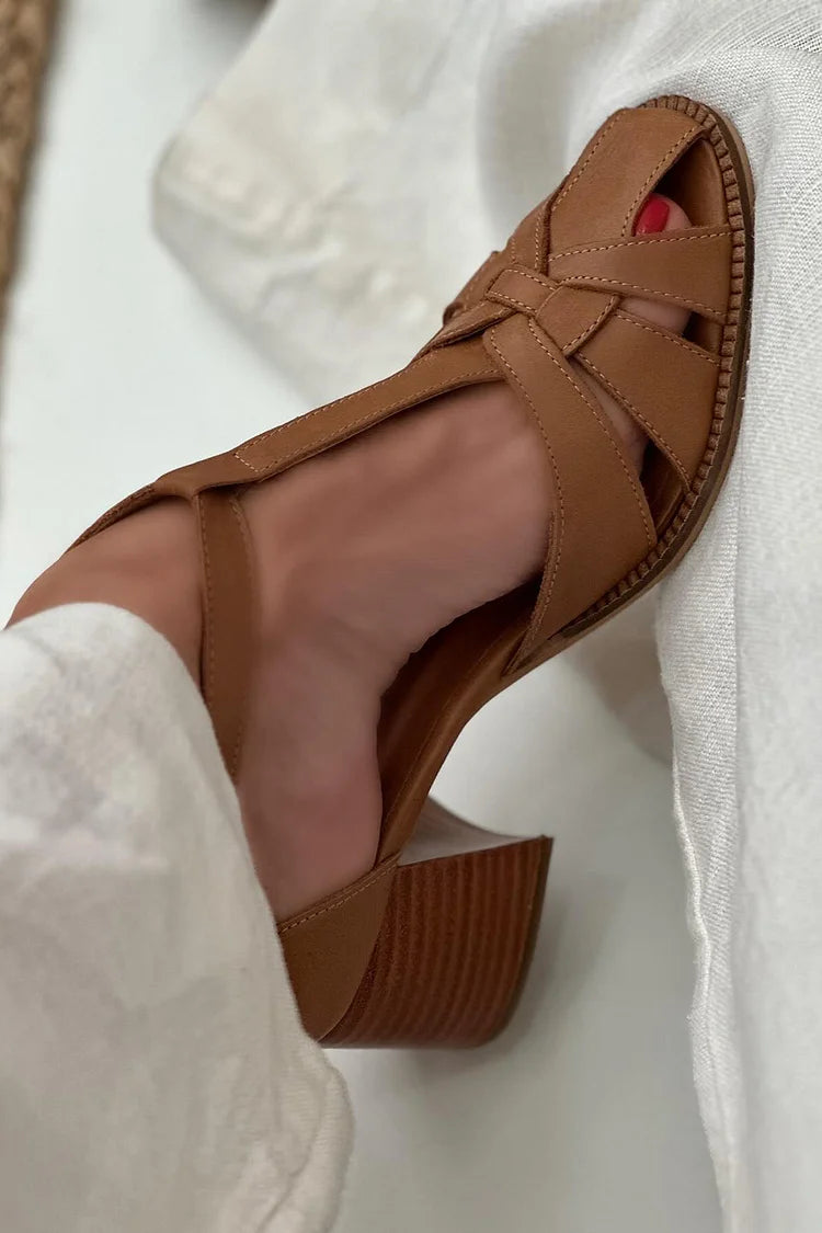 Brown Wide Cut-Out Woven Heels with Buckle and T-Strap