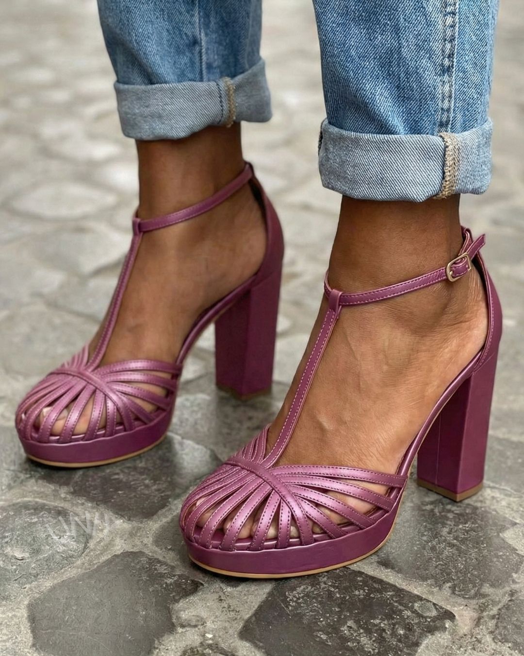 Purple round toe sandals with T-strap, platform and chunky heel