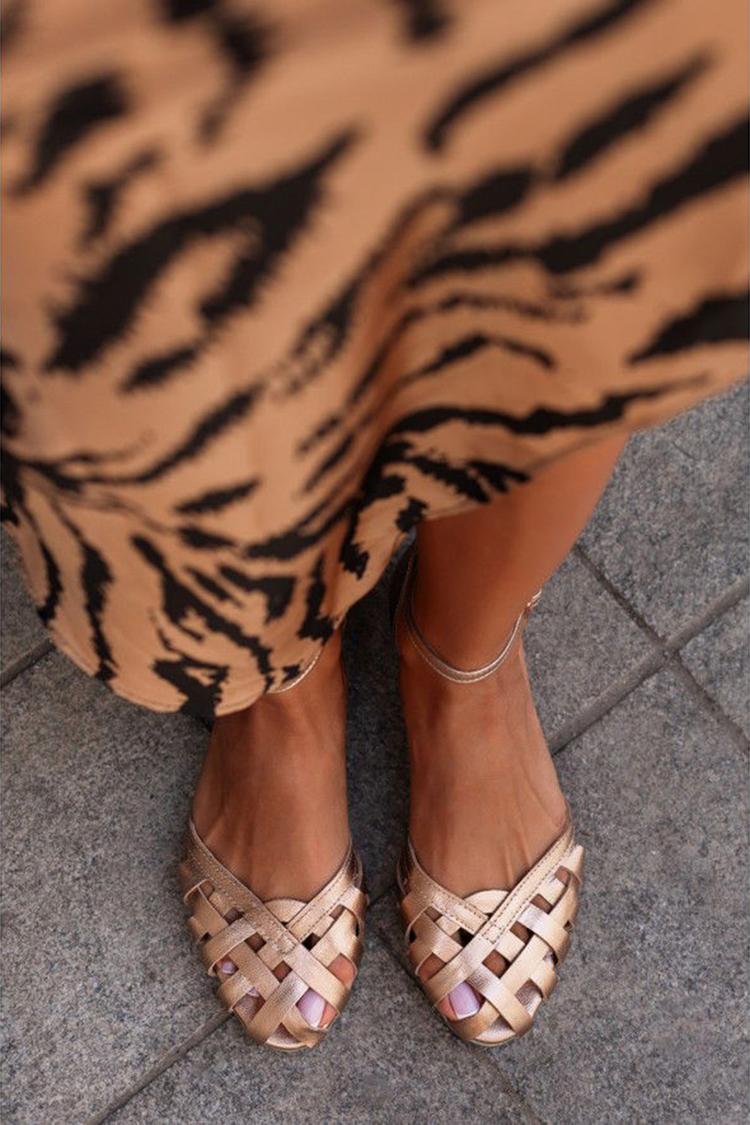 Champagne Cut-Out Sandals with Round Toe and Ankle Strap