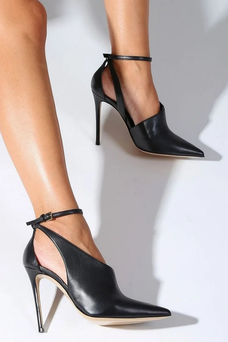 Cut-out Black Stiletto Heels with Pointed Toe, Ankle Strap and Buckle