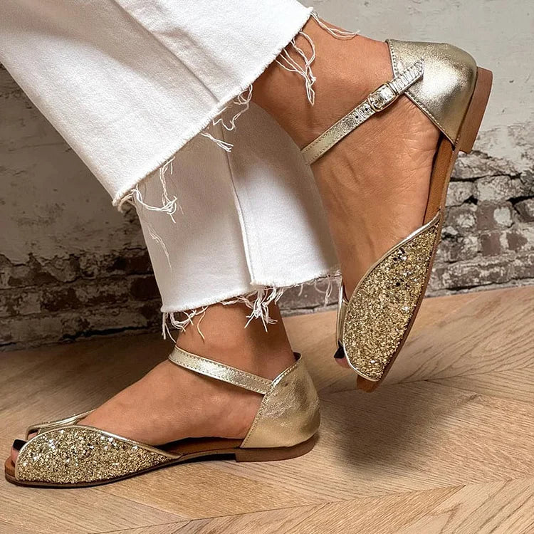 Gold Patchwork Sequin Peep Toe Sandals with Ankle Strap and Buckle