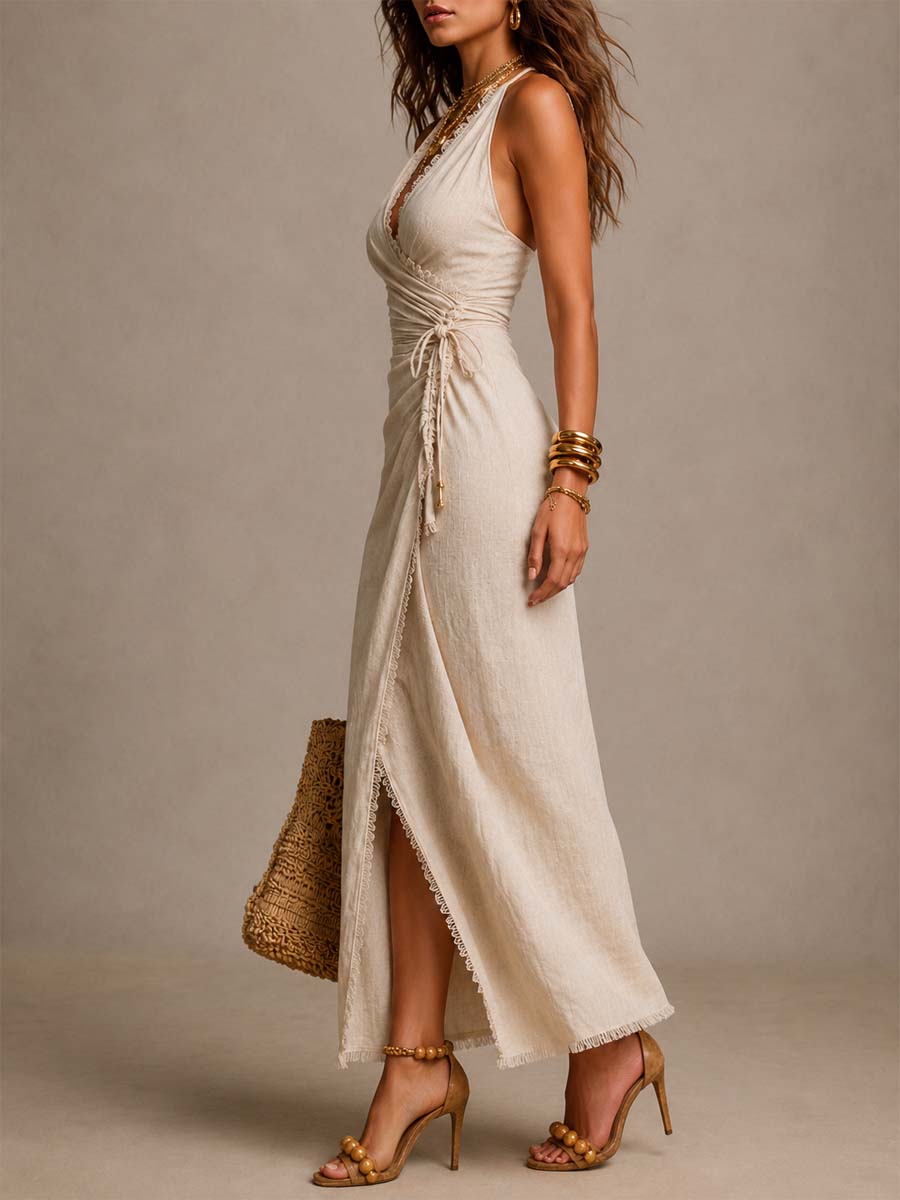 Clémence | Midi Dress with Crossed Neckline and Lace