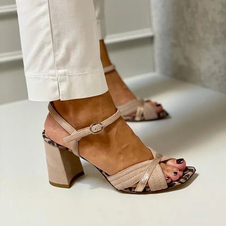 Wide heel peep toe leopard print patchwork Khaki