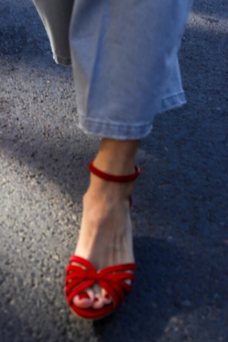 Red Suede Open-Toe Sandals with Crossed Straps