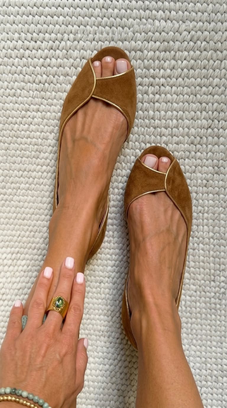 Beige and Gold Suede Open-Toe D'Orsay Ballet Flats