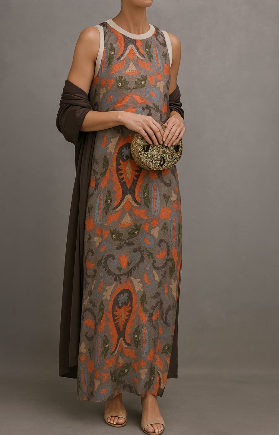 Elina | Long printed dress set with matching cardigan