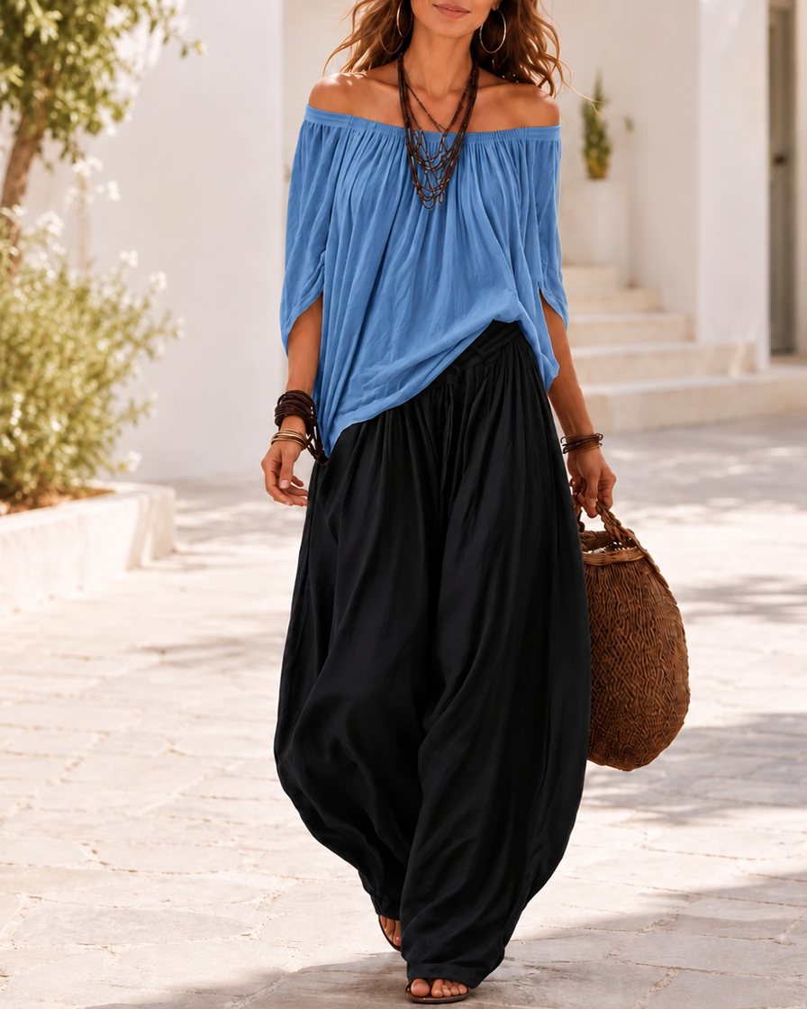 Colourblock Loose Off-Shoulder Top and Lantern Pants Set
