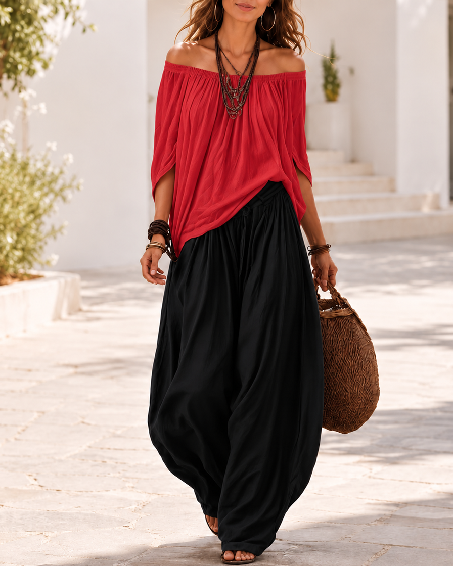 Colourblock Loose Off-Shoulder Top and Lantern Pants Set