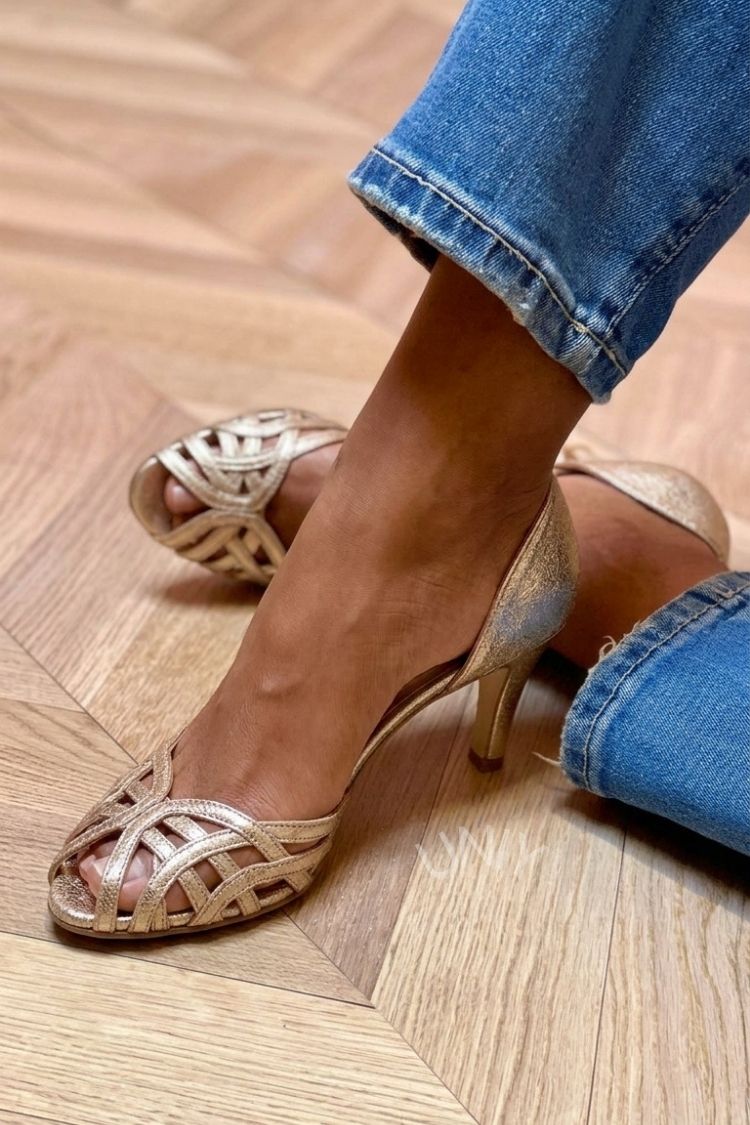 Metallic Gold Mid Heels Peep Toe