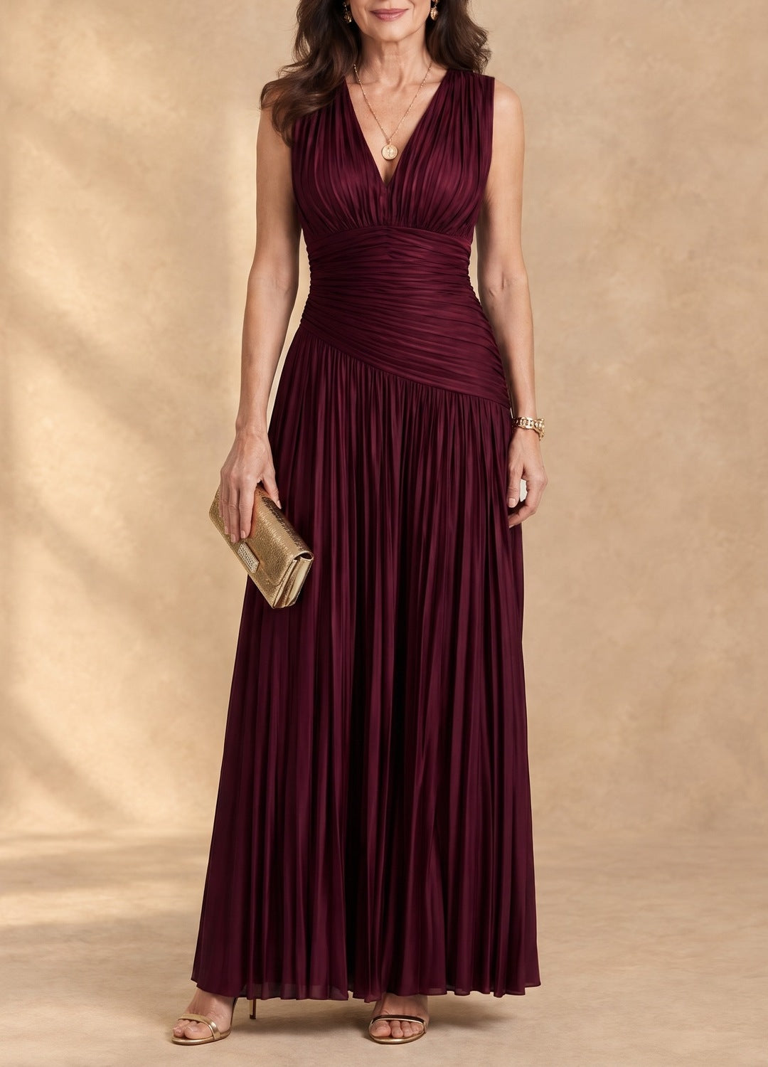 Frankie | Sleeveless Pleated V-Neck Midi Dress