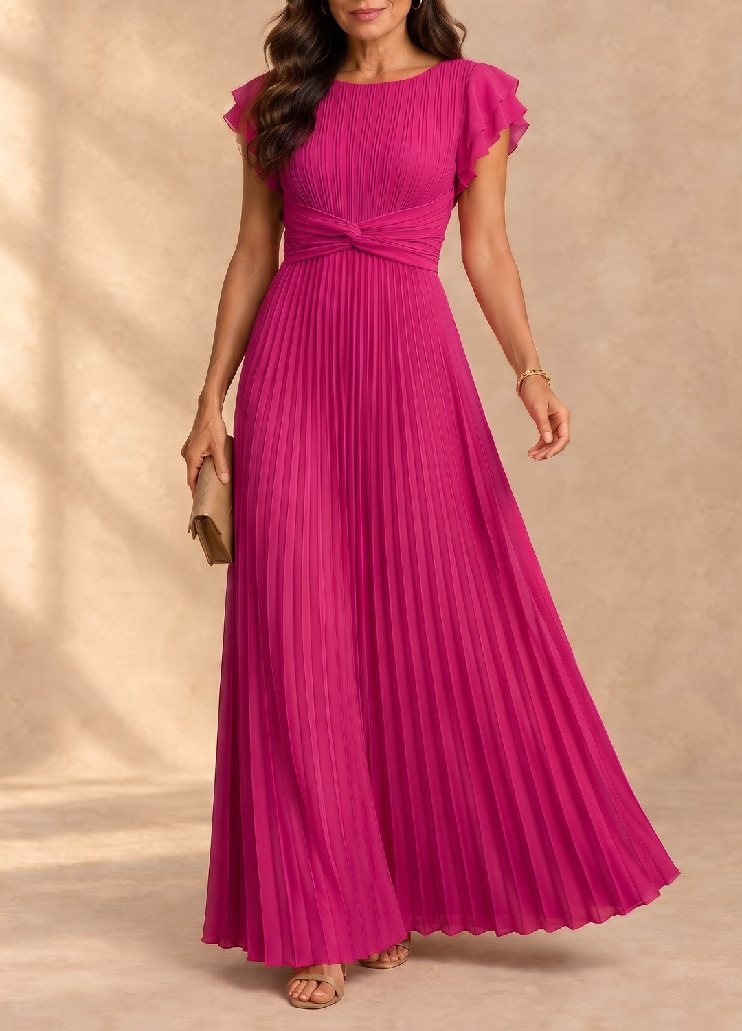 Kasey | Pleated Flutter Sleeve Maxi Dress