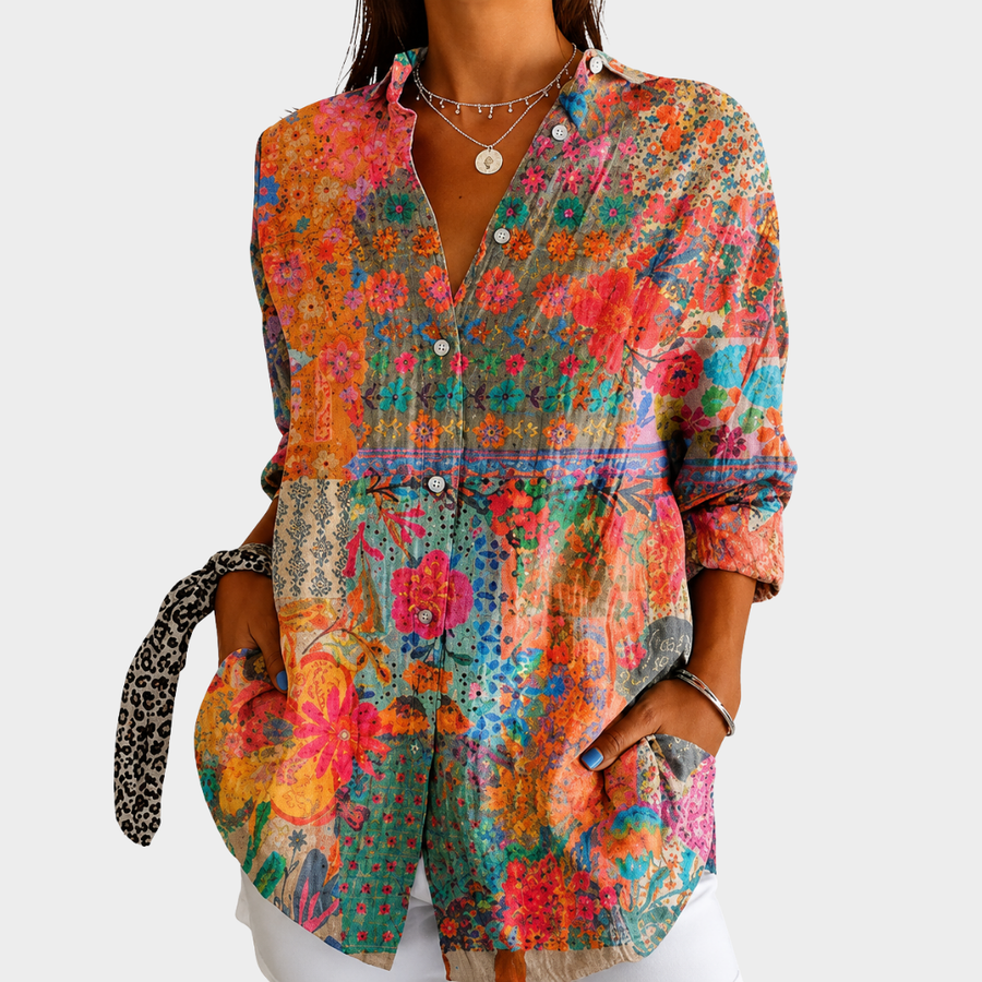 Debra | Sunlit Wildflower Patchwork Button-Front Blouse