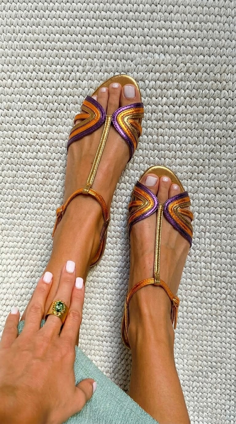 Metallic Purple and Gold Peep Toe Sandals with T-Strap