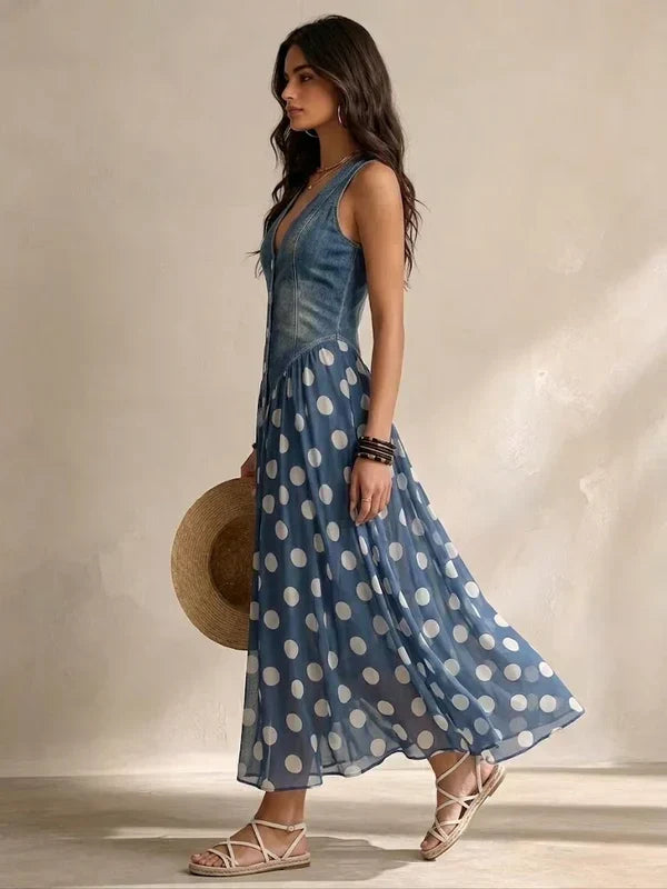 Elegant Denim Effect Dress with Polka Dot Chiffon Skirt
