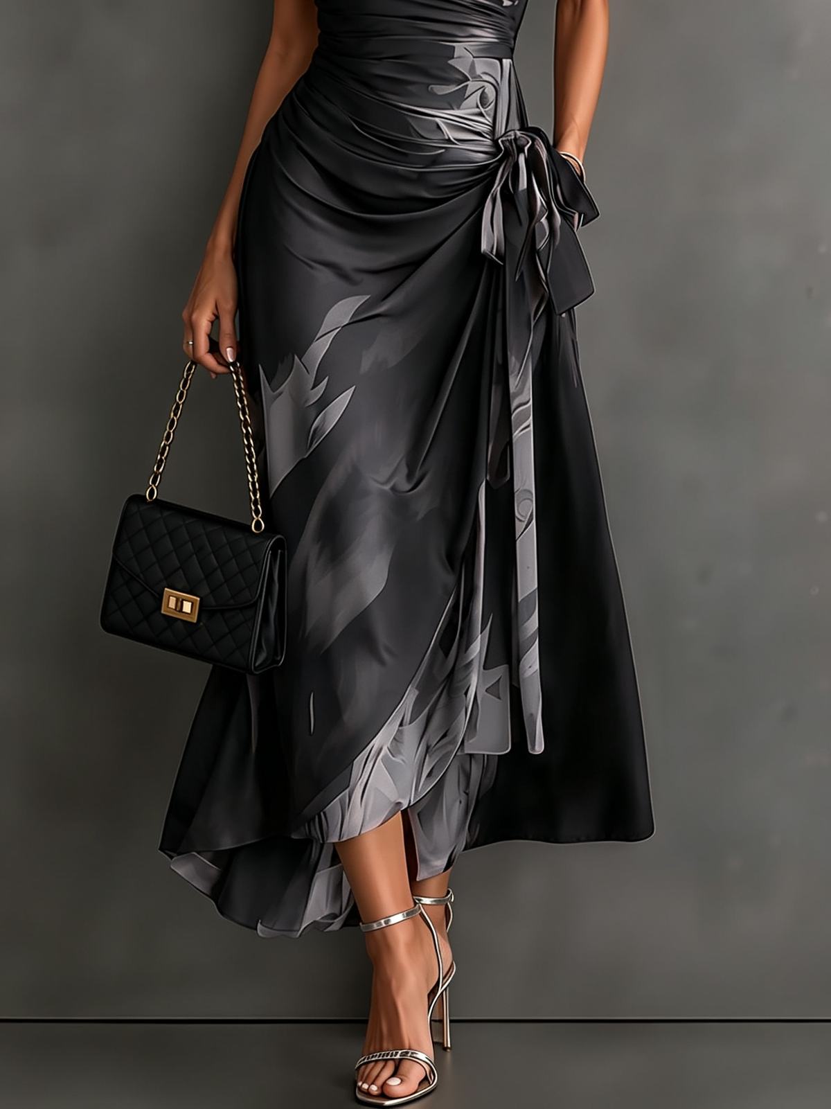 Red Black Abstract Print Wrap Midi Dress with Collared V Neck, Short Sleeves, Tie Waist, and Ruffled High-Low Hem