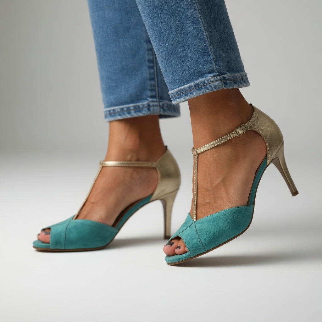 Roksana — Two-tone turquoise and gold stiletto sandals with vibrant elegance