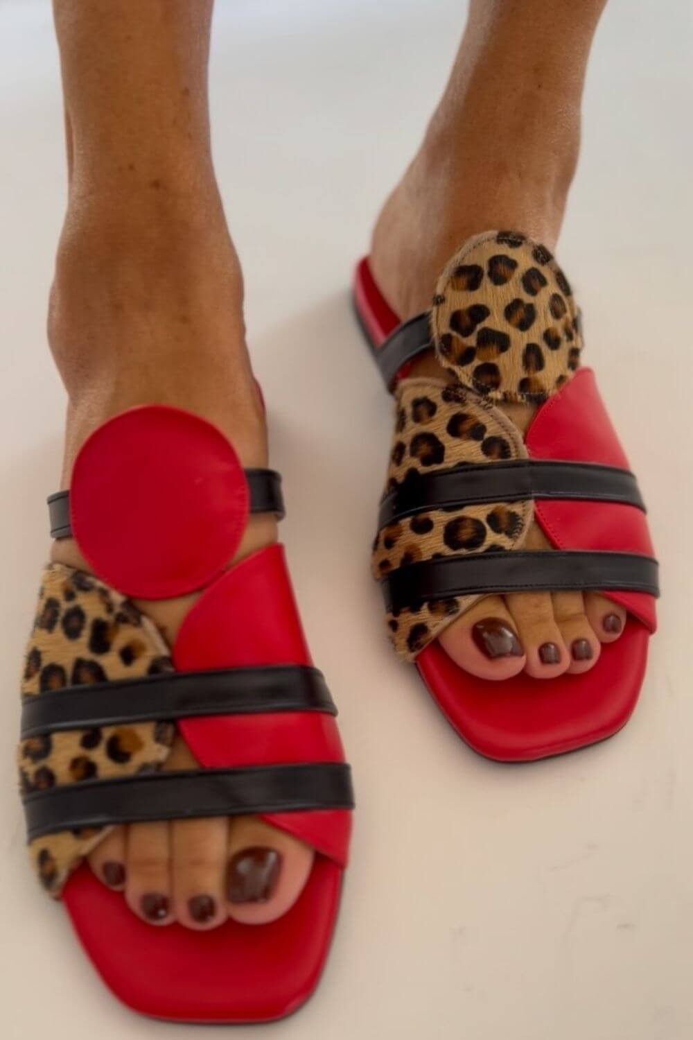 Red Leopard Print Colour Block Slippers with Square Toe