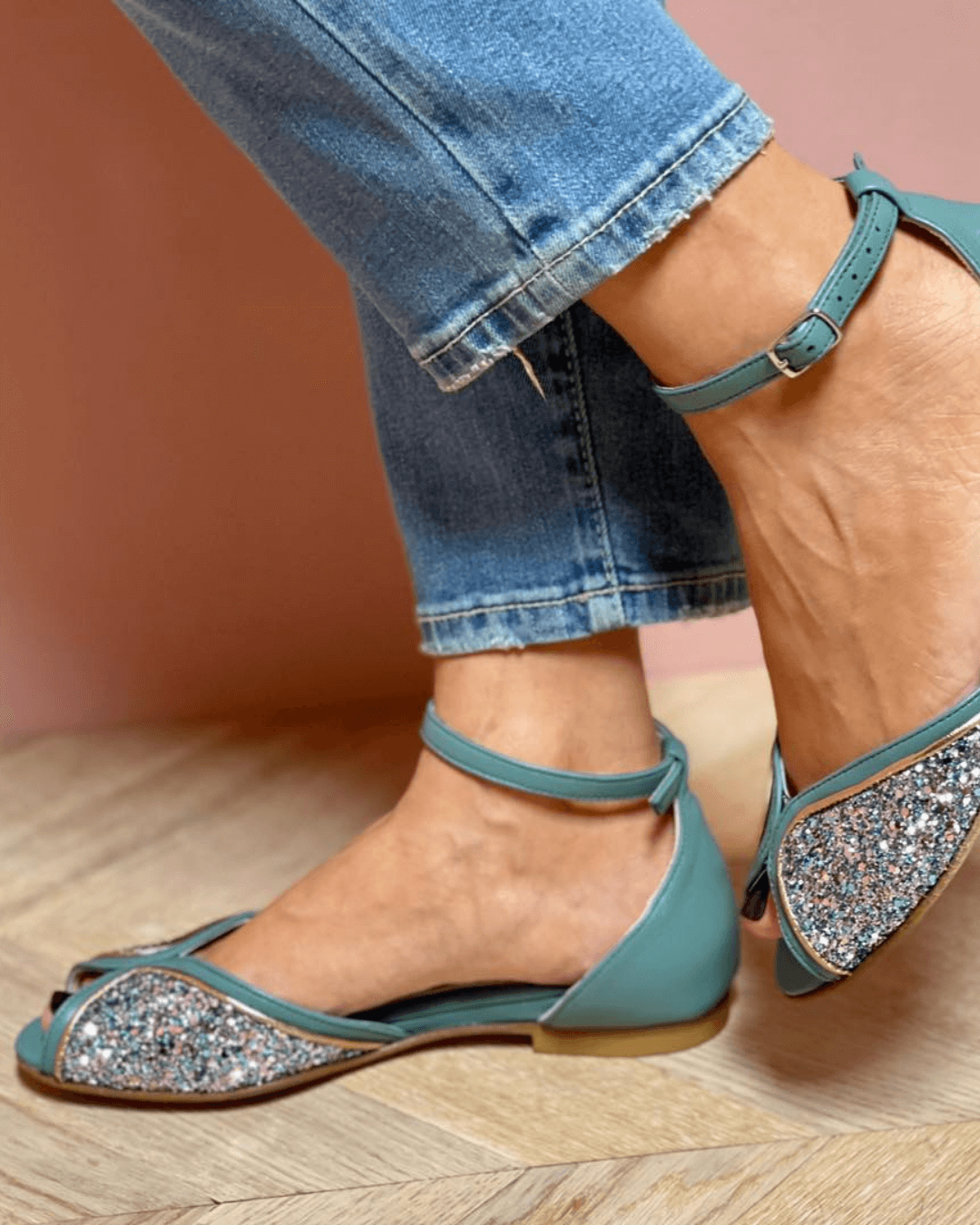 Patchwork Glitter Peep Toe Sandals with Ankle Strap and Buckle