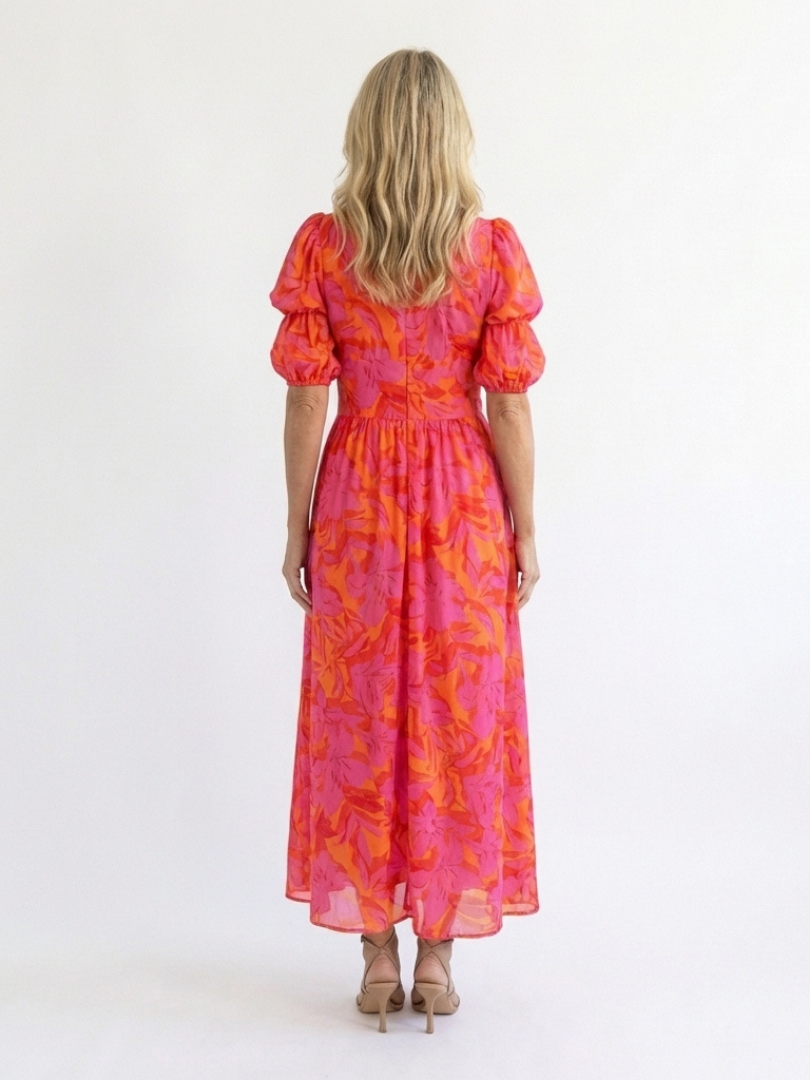 Stella & Grace | Floral V Neck Puff Sleeve Midi Dress