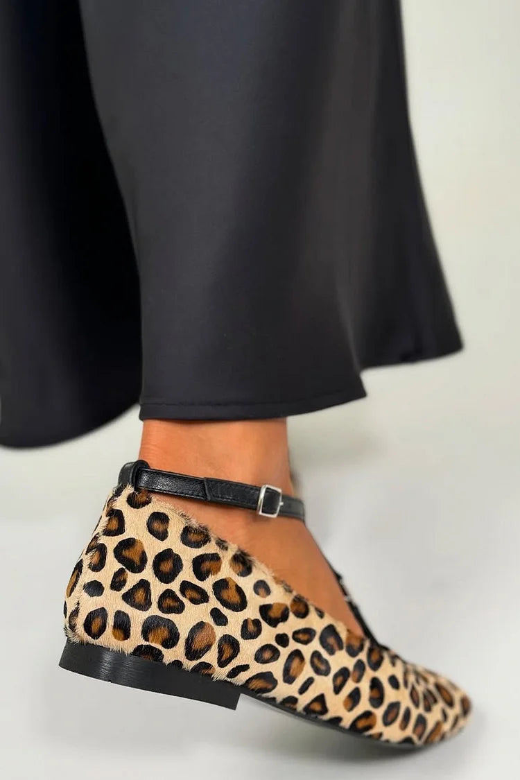 Beige Colour Block Leopard Print Ballerinas with Buckle and T-Strap