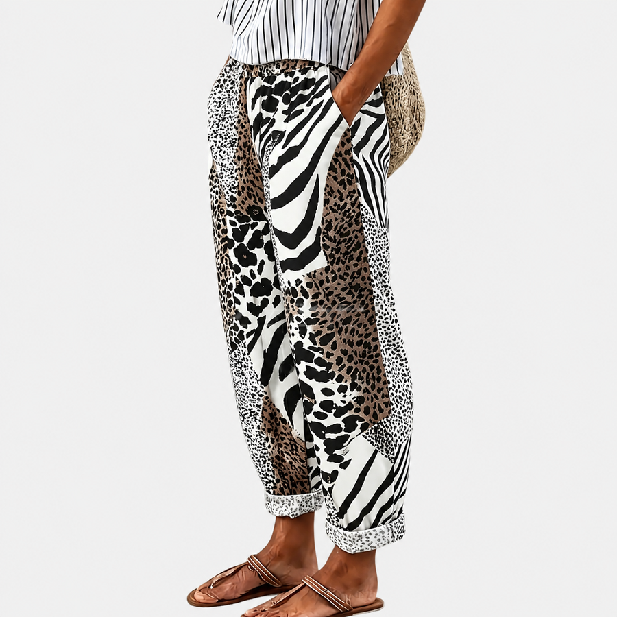 Comfort trousers with patchwork animal print