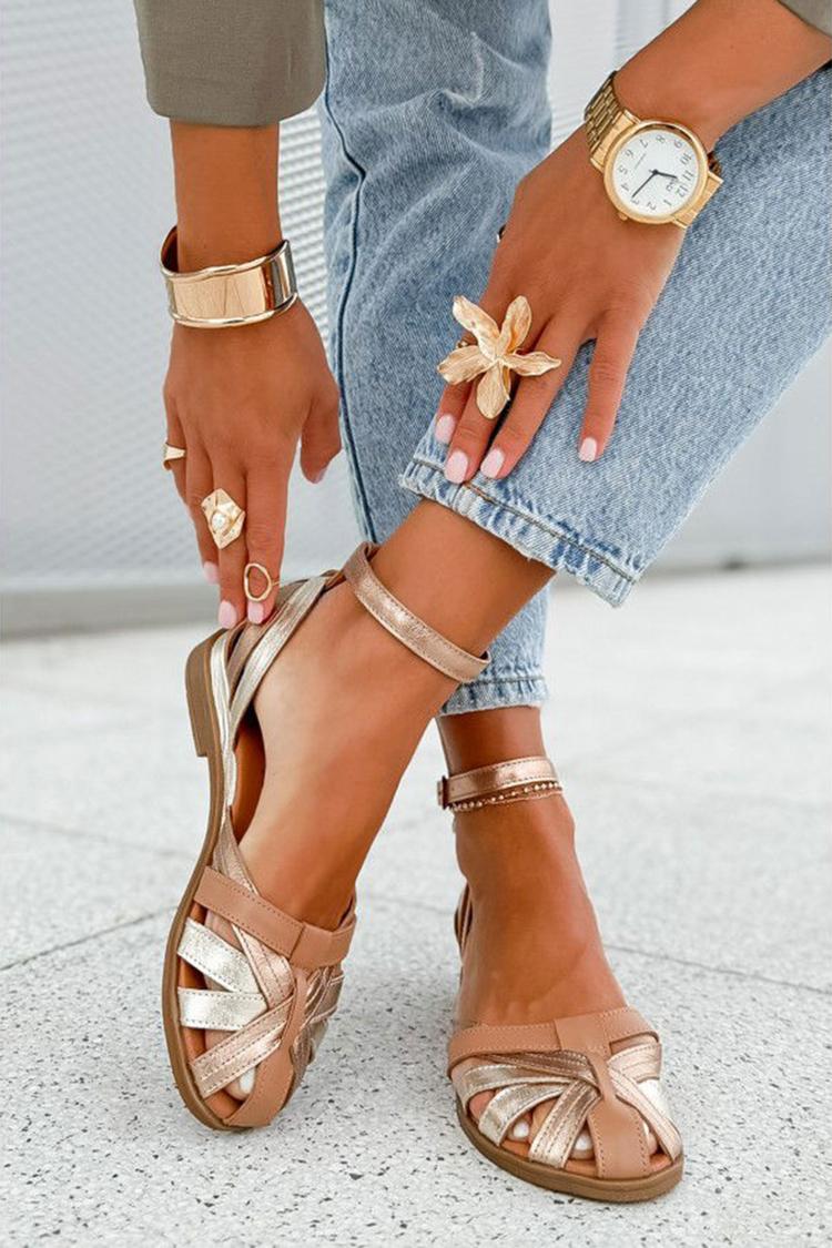 Champagne Colour Block Cut-Out Sandals with Ankle Strap and Buckle